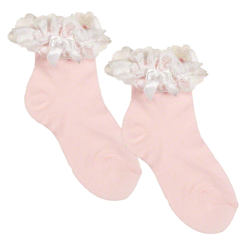 Meia Pata Occasion Side Bow Lace Ruffle Sock - Baby Pink White ...