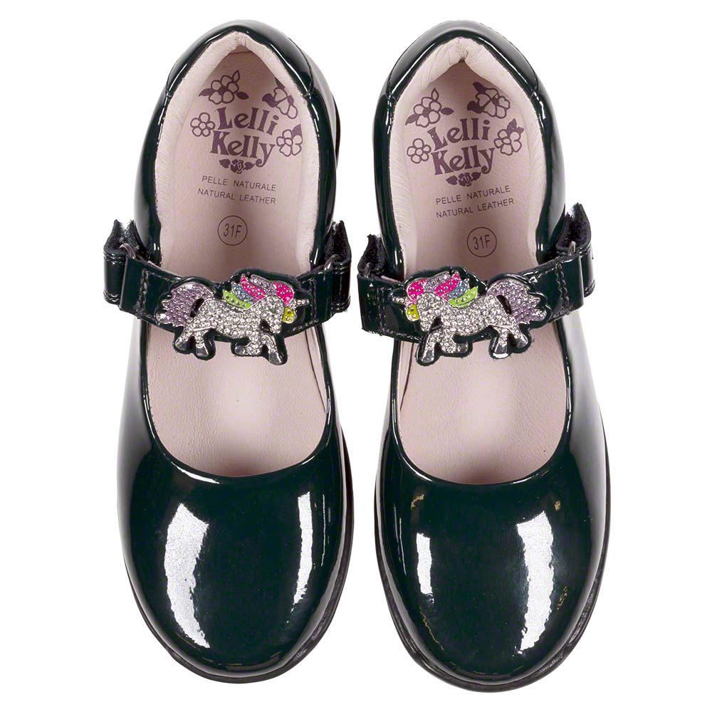 Lelli Kelly Blossom Unicorn School Shoe F Fitting Green Patent