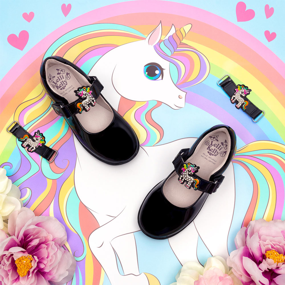 Lelli Kelly Bonnie Unicorn School Shoe F Fitting - Black Patent ...