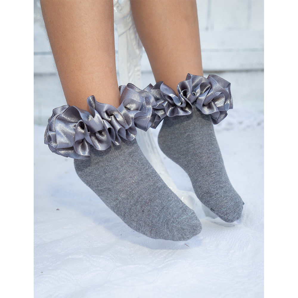 Caramelo Kids Girls Ribbon Ankle Socks - Grey.