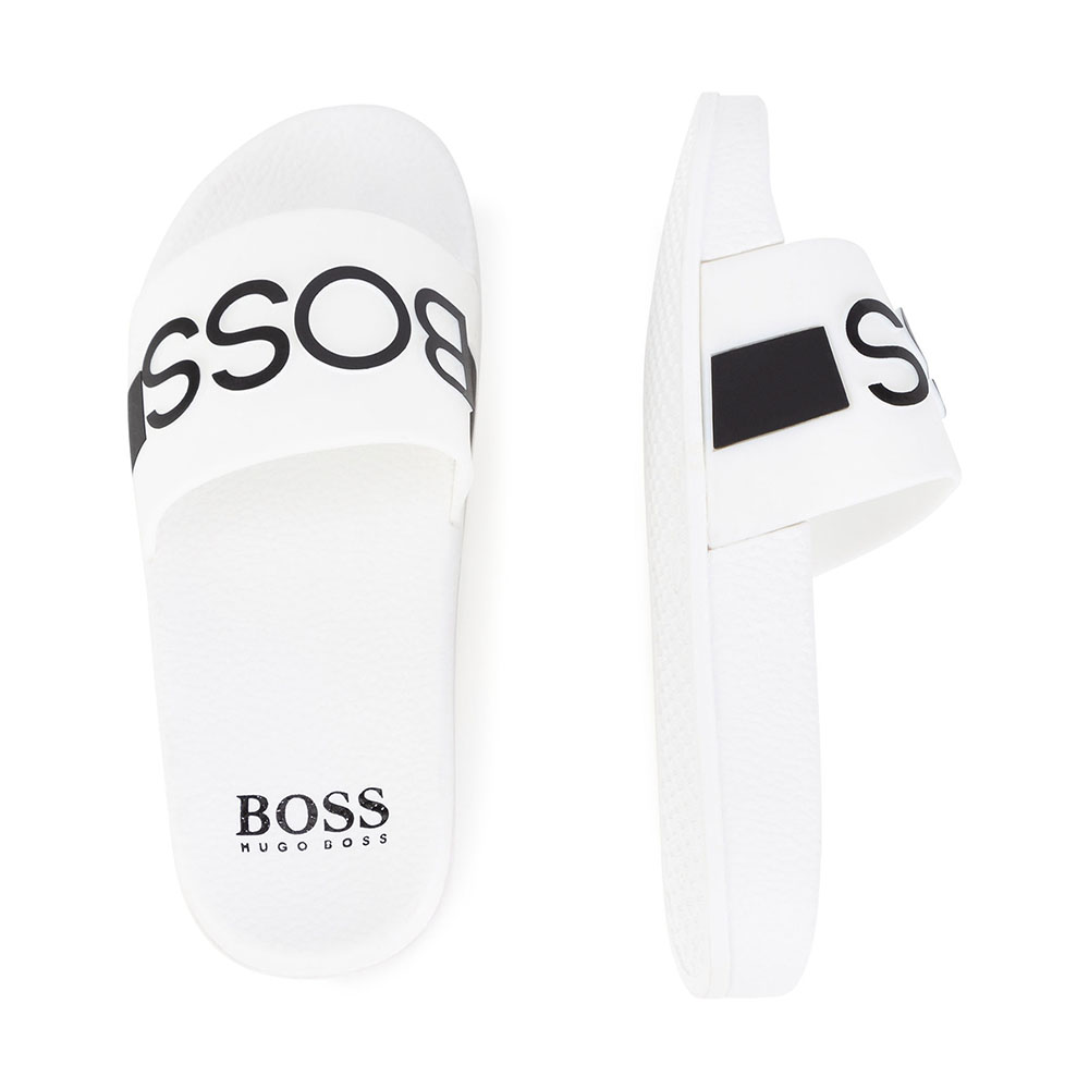 BOSS Boys Logo Sliders White. Children s Designer Clothes