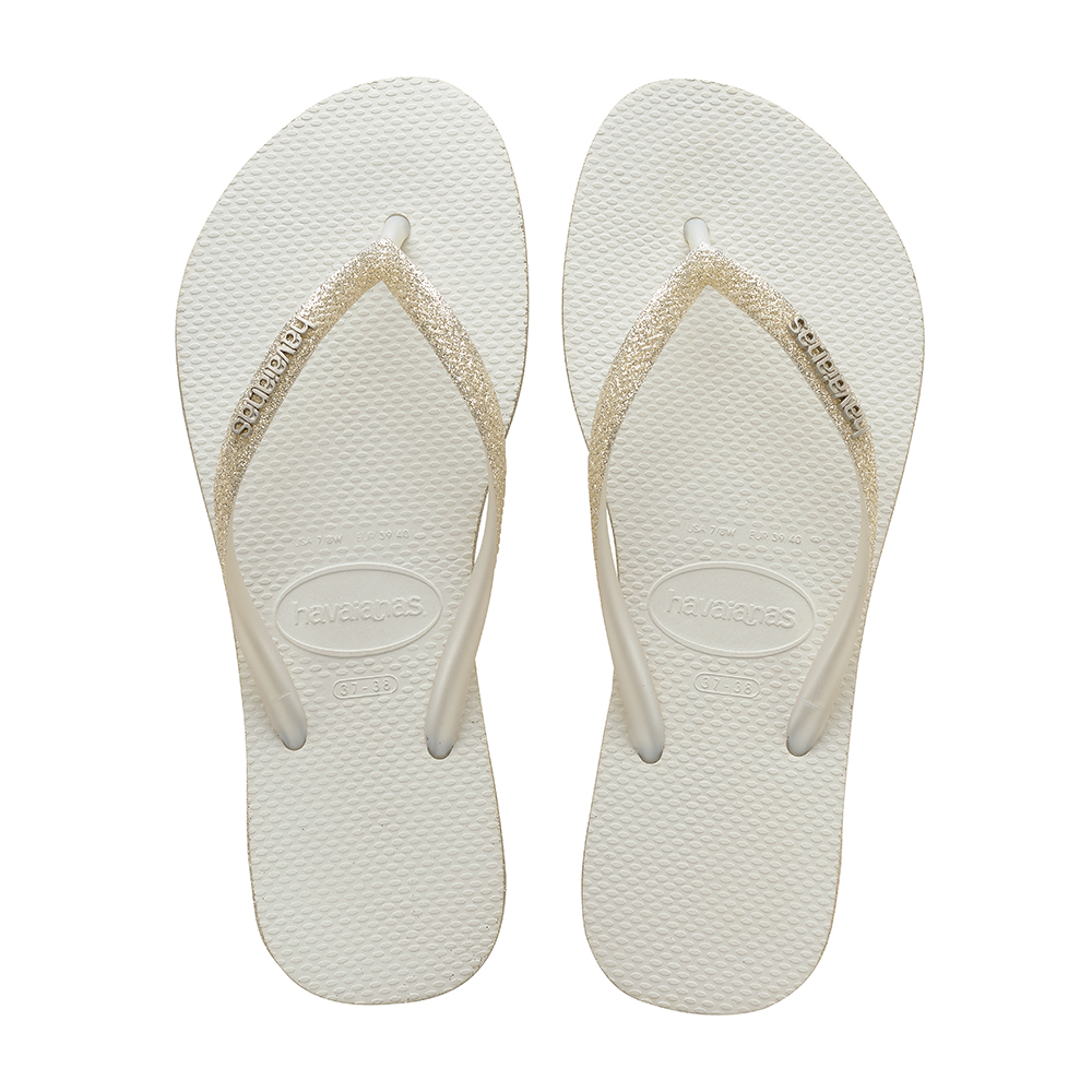 White sparkly 2025 flip flops