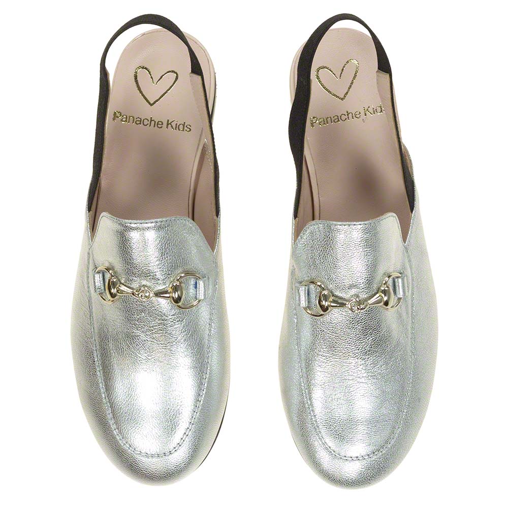 Panache Girls Sling Back Snaffle Loafer Metallic Silver Leather