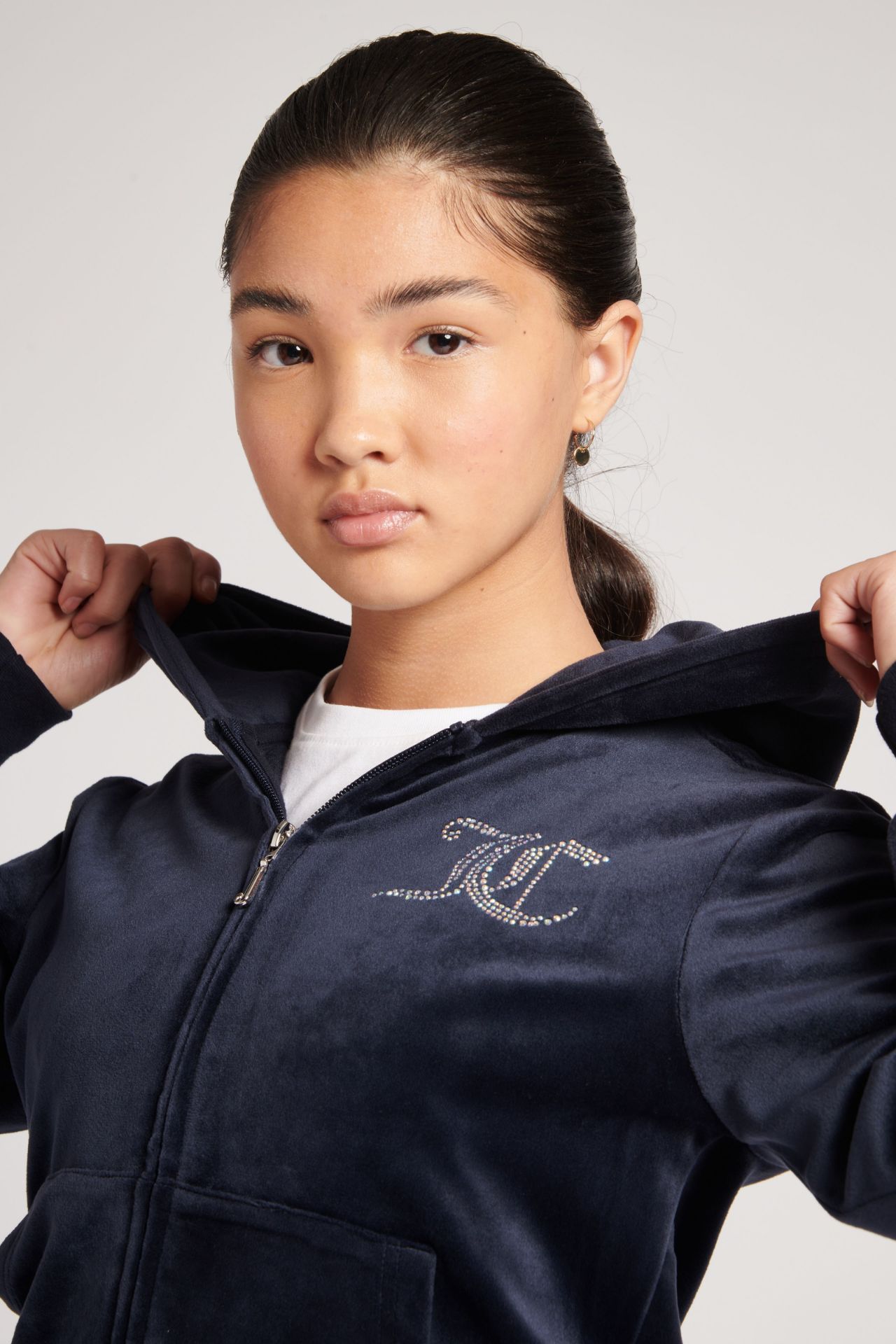 Juicy Couture Girls Diamante Zip Through Velour Hoodie & Bootcut Bottoms  Set - Night Sky Navy