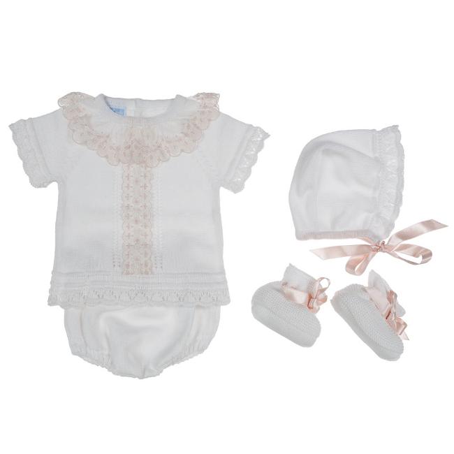 Picture of Mac Ilusion Baby Girls Tulle Lace Jampant Bonnet & Booties Set - White Peach