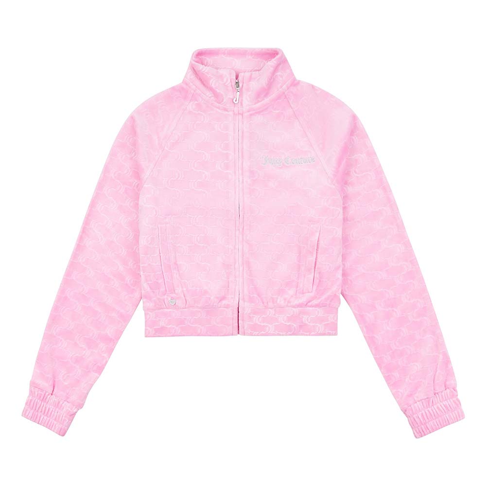 Juicy Couture Girls Embossed Velour Funnel Zip Through Hoodie & Loose Joggers  Set - Fuchsia Pink.