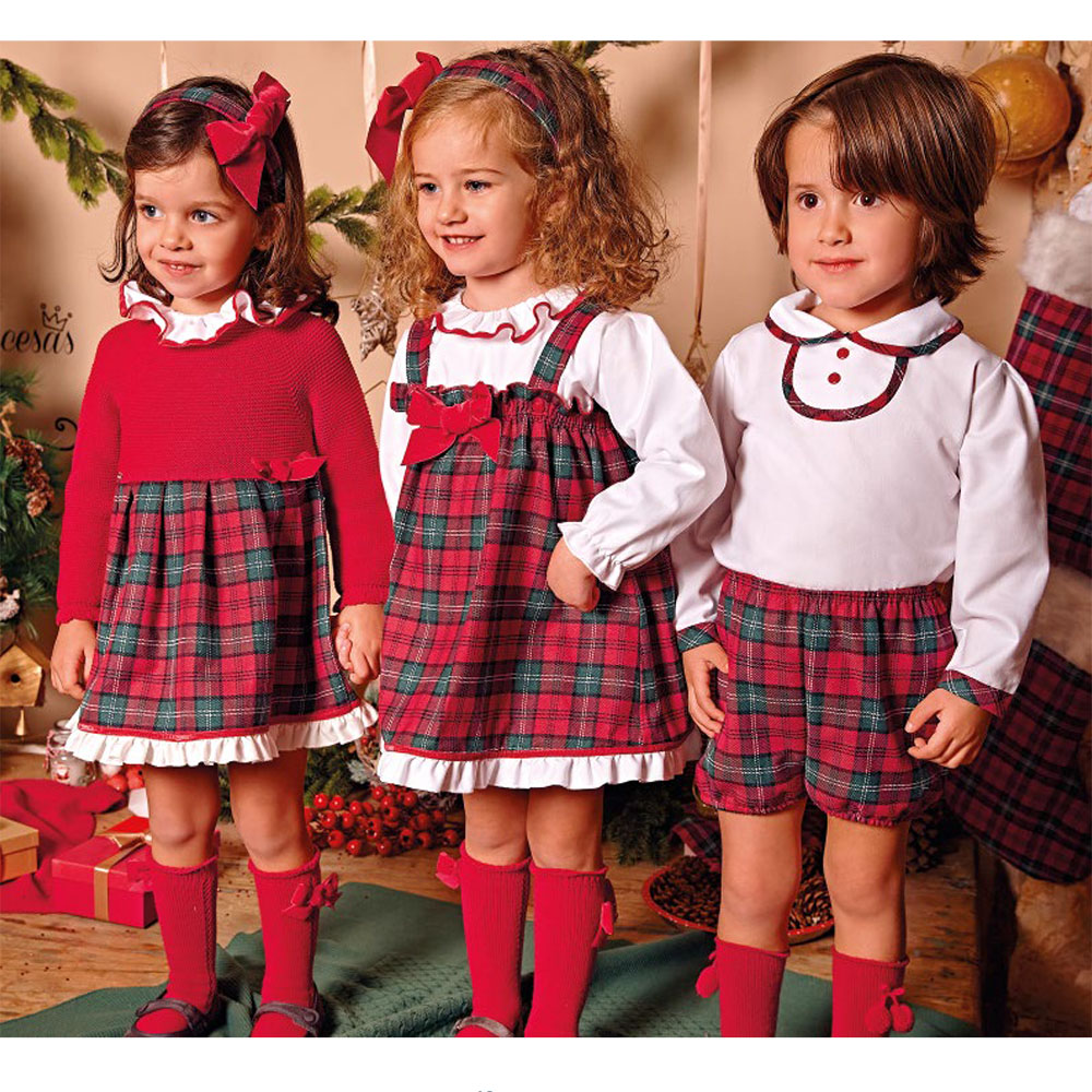 Girls Red & Green Plaid Crochet Trimmed Handkerchief Tunic & Leggings Set