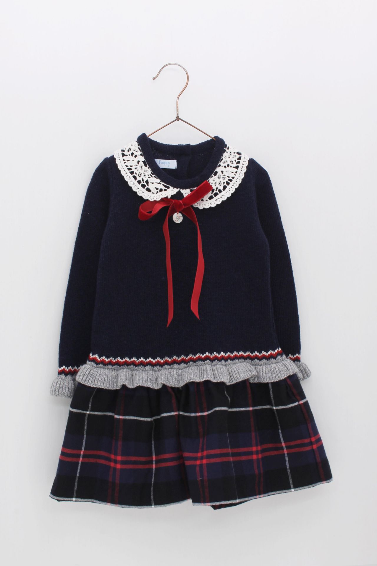 Foque Girls Knitted Long Sleeve Dress With Drop Waist Navy Blue