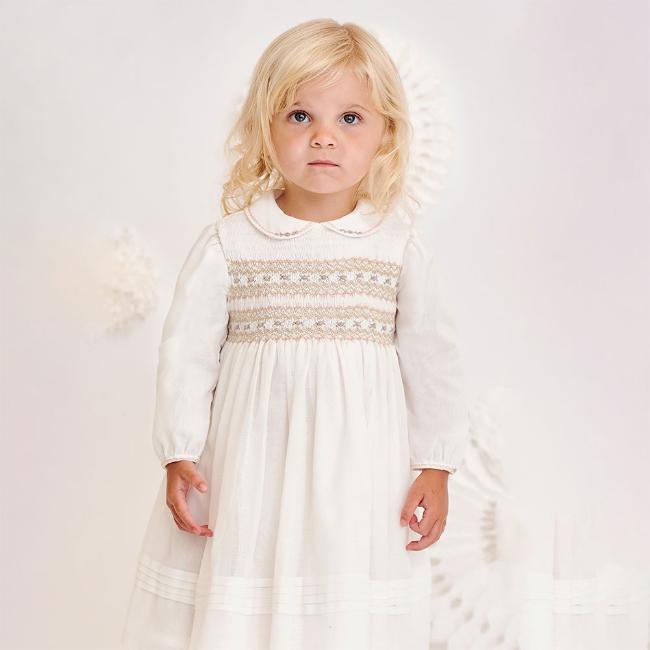 Picture of Sarah Louise Girls Smocked Voile Dress - Ivory Beige