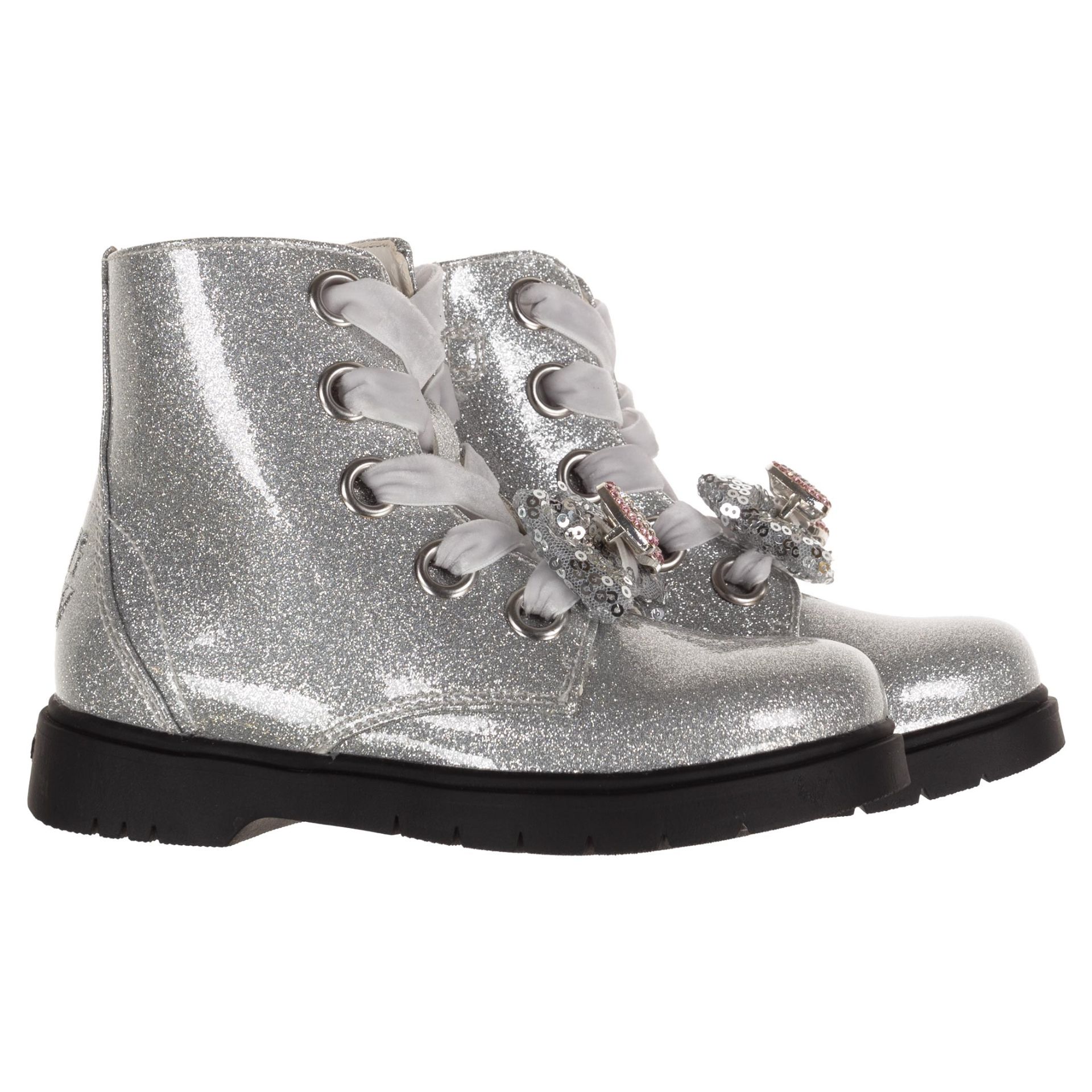 Lelli Kelly Girls Double Bow Ankle Boot With Inside Zip Silver Glitter Patent