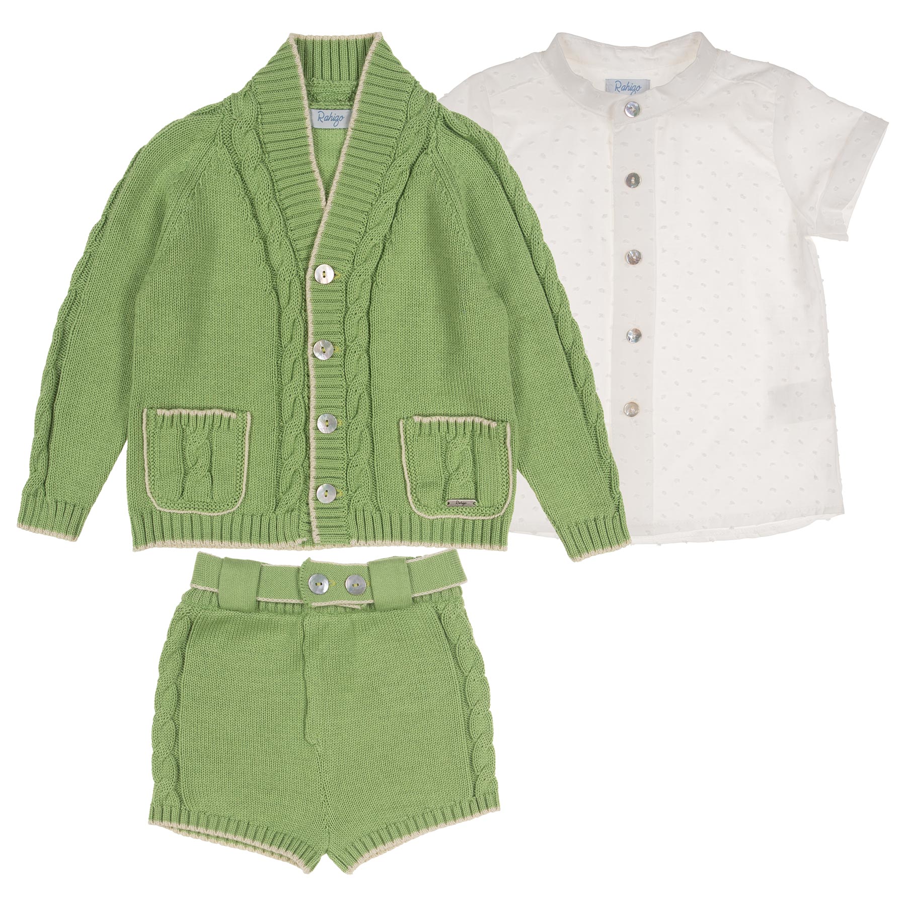 Rahigo Boys Summer Knit Shorts Shirt Cardigan Set X 3 Green Cream