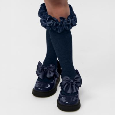 Picture of Caramelo Kids Girls Satin Bow Mary Jane School Shoes - Navy
