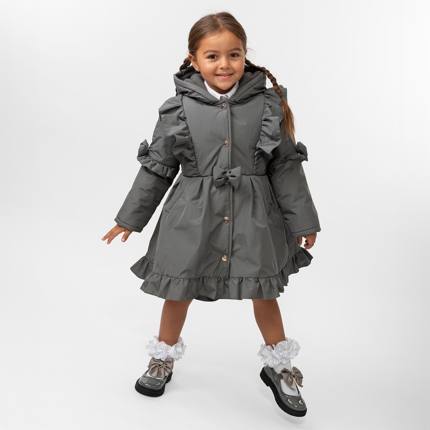 Caramelo Kids Girls Hooded School Coat With Frill Grey