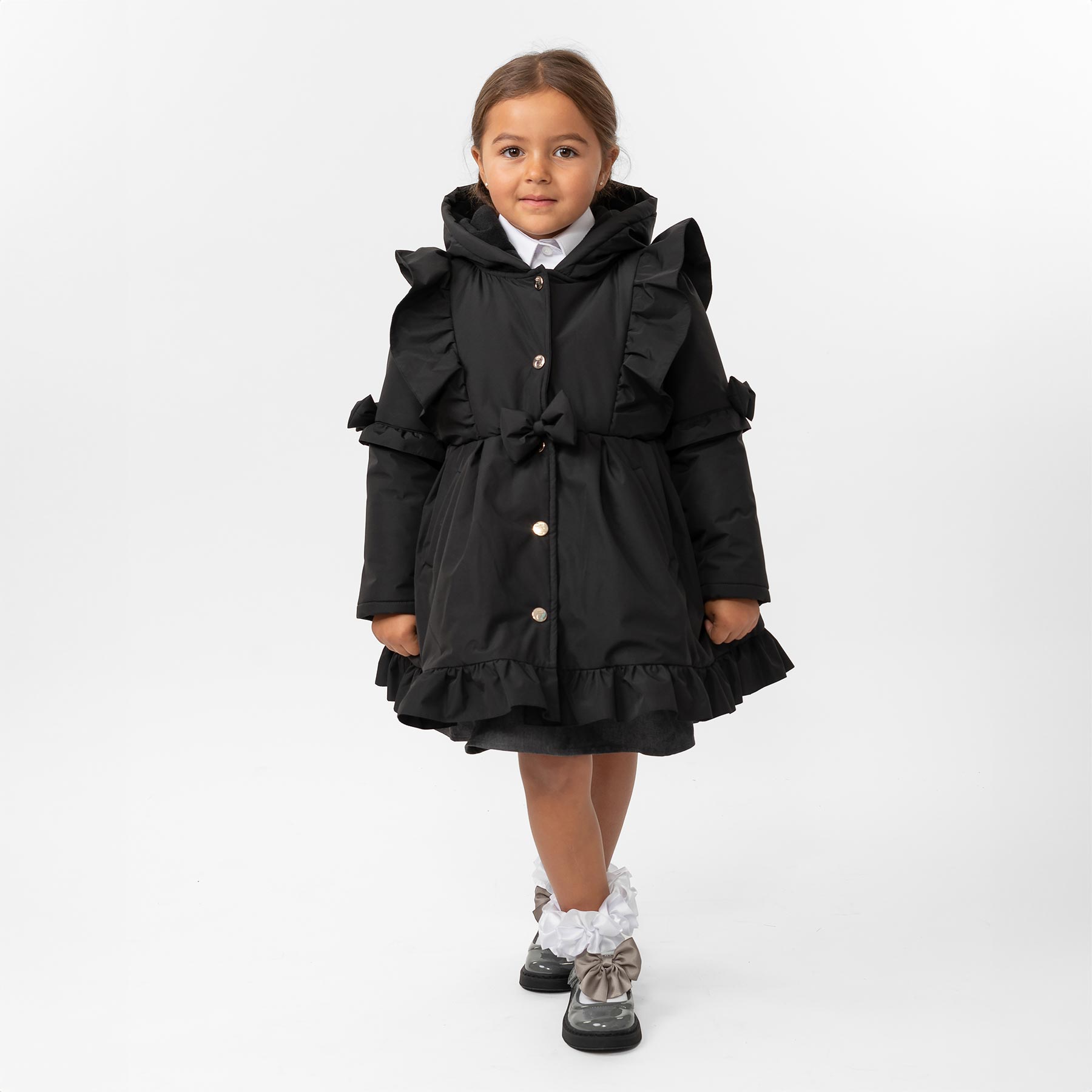 Caramelo Kids Girls Hooded School Coat With Frill Black