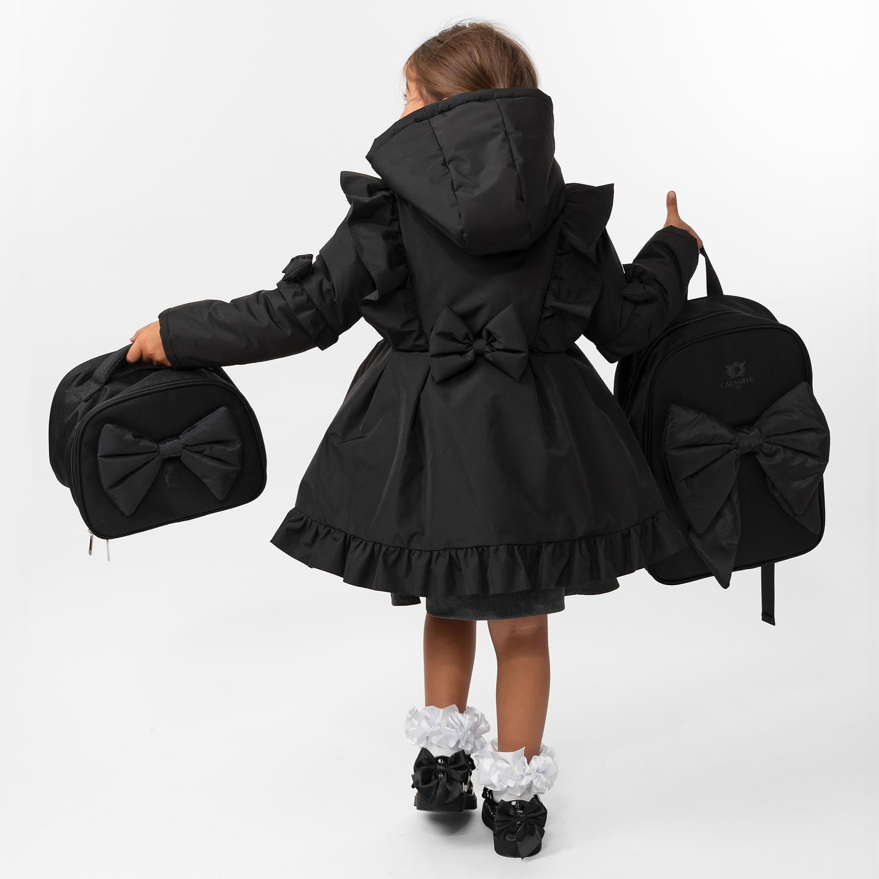 Caramelo Kids Girls Hooded School Coat With Frill Black