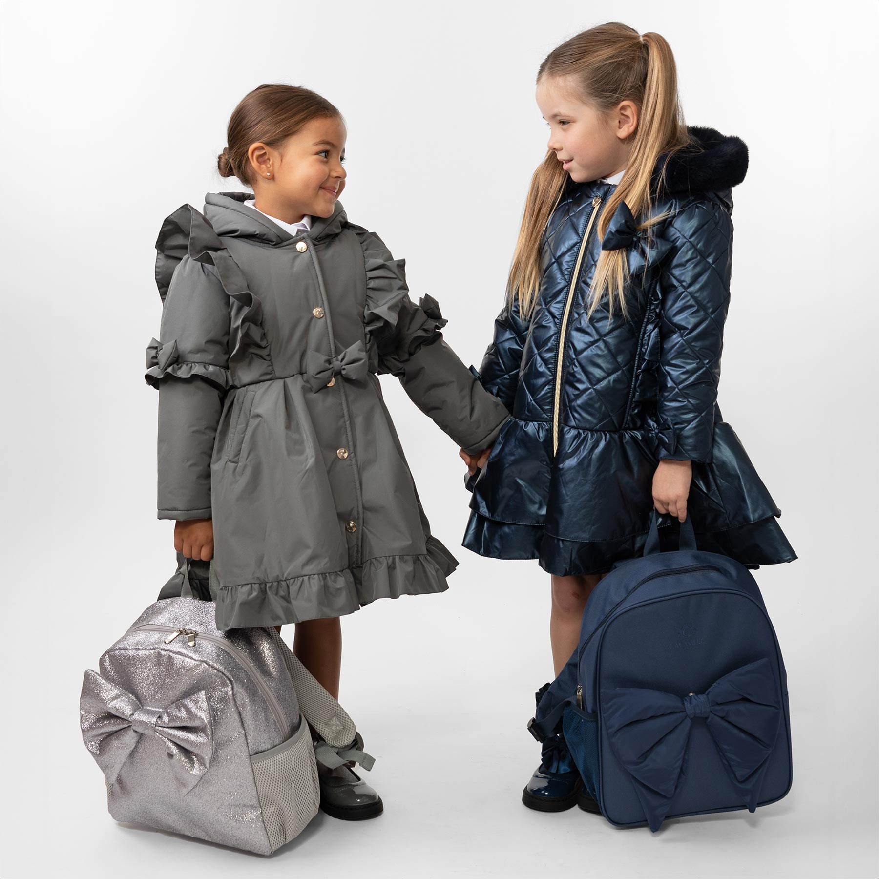 Caramelo Kids Girls Hooded Quilted School Coat With Bow Navy