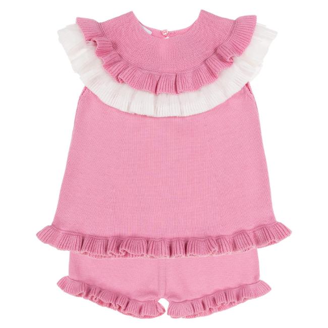 Picture of Granlei  Girls Summer Knit Ruffle Tulle Shorts Set - Fuchsia Pink White