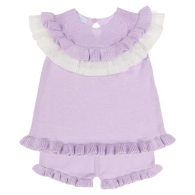 Picture of Granlei  Girls Summer Knit Ruffle Tulle Shorts Set - Lilac White