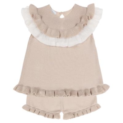 Picture of Granlei  Girls Summer Knit Ruffle Tulle Shorts Set - Beige White