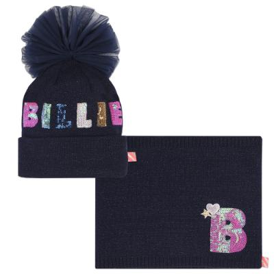 Picture of Billieblush Girls Sequin Logo Pom Pom Hat & Snood Set - Navy