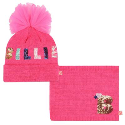 Picture of Billieblush Girls Sequin Logo Pom Pom Hat & Snood Set - Fuchsia Pink