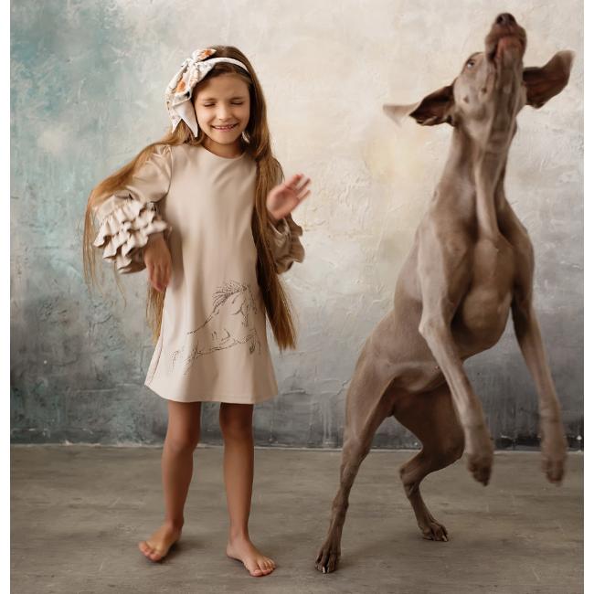 Picture of Daga Girls Horse Racing Ruffle Sleeve Dress - Beige