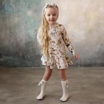 Picture of Daga Girls Horse Racing Print Hooded Jersey Dress - Beige