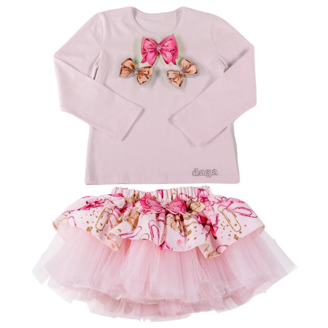 Picture of Daga Girls Pretty In Pink Top & Bow Print & Tulle Skirt Set - Pink