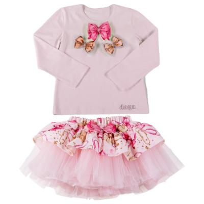 Picture of PRE ORDER Daga Girls Pretty In Pink Top & Bow Print & Tulle Skirt Set - Pink