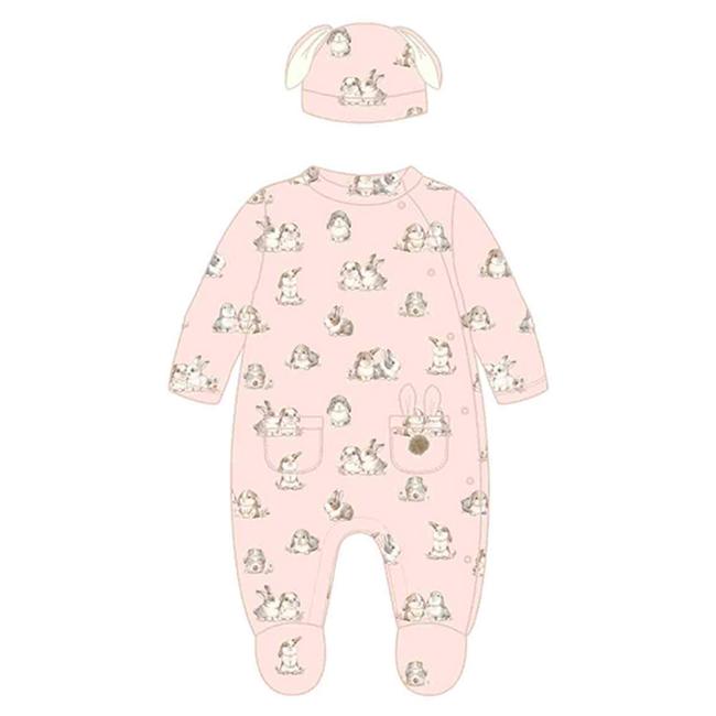 Picture of Mayoral Newborn Girls Ribbed Bunny Babygrow & Hat Set - Pink