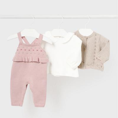 Picture of Mayoral Newborn Girls 3 Piece Dungaree Set - Pink