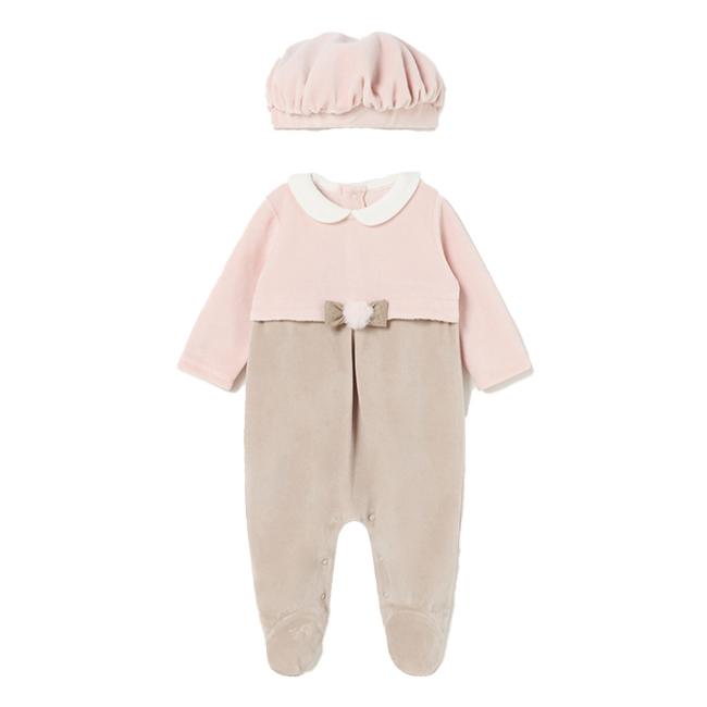 Picture of Mayoral Newborn Girls Velour Babygrow & Hat Set - Pink