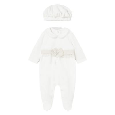 Picture of Mayoral Newborn Girls Velour Babygrow & Hat Set - Cream