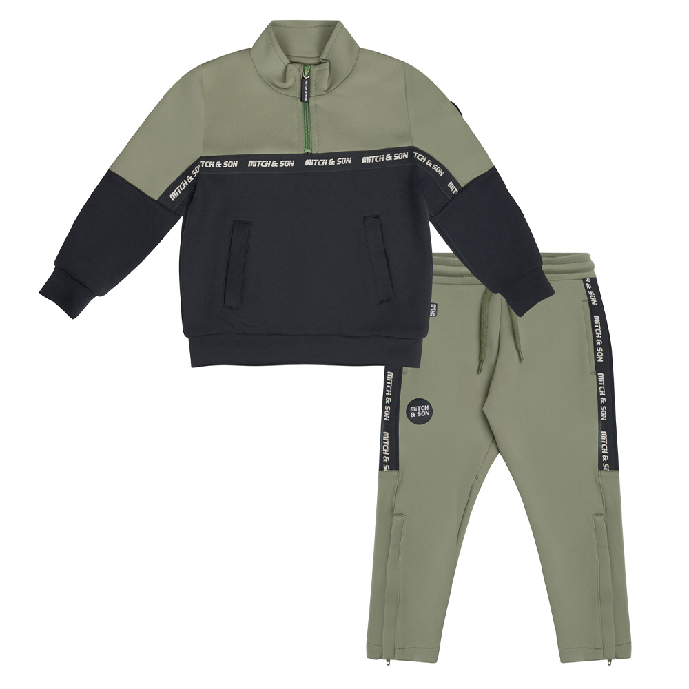 Mitch Son JNR Calos Half Zip Tape Tracksuit Khaki Green