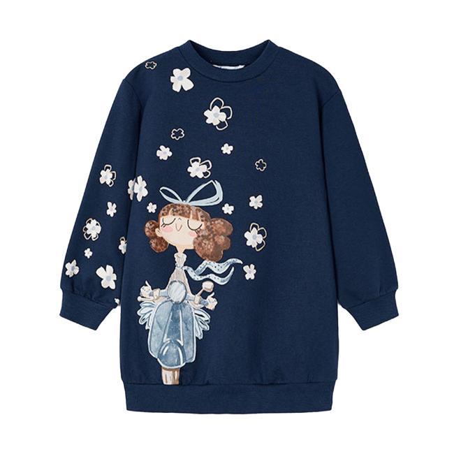 Picture of Mayoral Mini Girls Flower & Bike Sweatshirt Dress - Navy