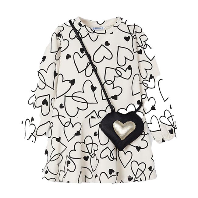 Picture of Mayoral Mini Girls Heart & Handbag Dress - Cream Black