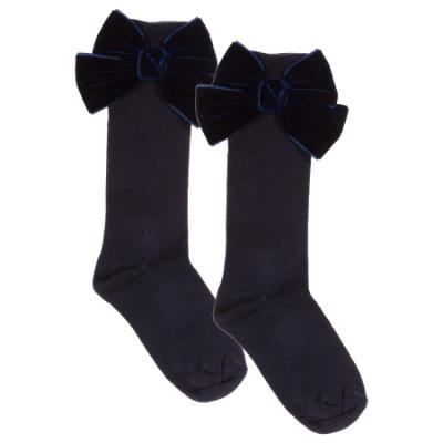 Picture of Meia Pata Extra Large Velvet Bow Knee Socks - Navy Blue