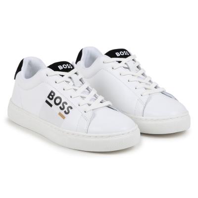 Picture of BOSS Boys Lace Up Leather Logo Trainers - White