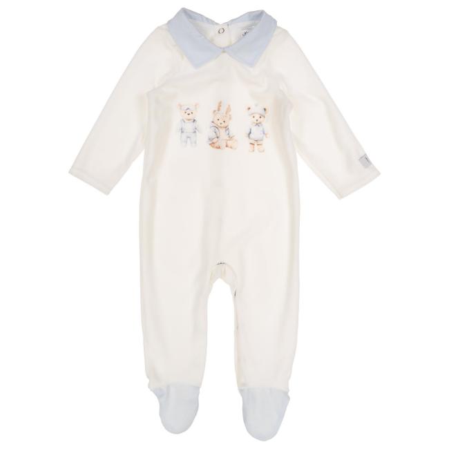 Picture of Jamiks Kids Baby Boys Tibo Bear Velour Babygrow - Ivory Blue