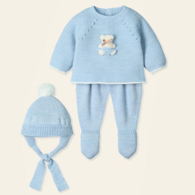 Picture of Mac Ilusion Baby Sonar Collection Boys Knitted Teddy Sweater Leggings Hat Set X 3 - Cloud Blue