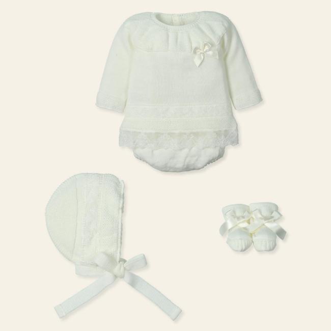 Picture of Mac Ilusion Baby Iluminar Collection Muslin Lace Trimmed Sweater Culotte Bonnet Booties Set X 5 - Ivory 