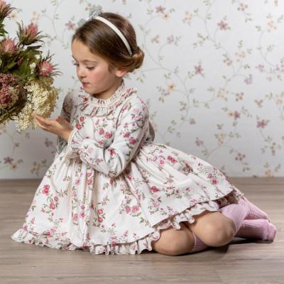 Picture of Abuela Tata Girls Winter Floral Print Ruffle Dress - Beige Pink Kharki