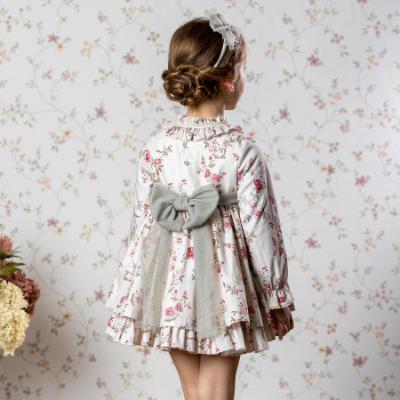 Picture of Abuela Tata Girls Winter Floral Print Ruffle Dress - Beige Pink Kharki