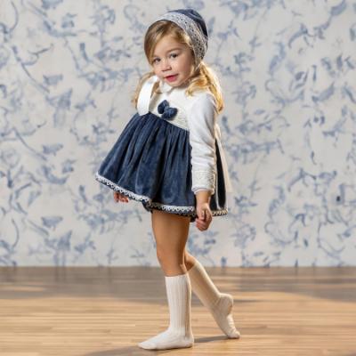 Picture of Abuela Tata Baby Girls Velvet Dress Set X 3 - Ivory Navy Blue