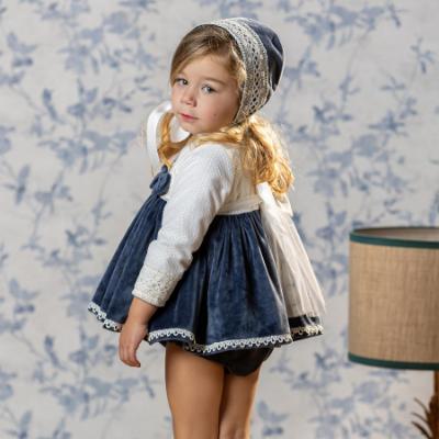 Picture of Abuela Tata Baby Girls Velvet Dress Set X 3 - Ivory Navy Blue