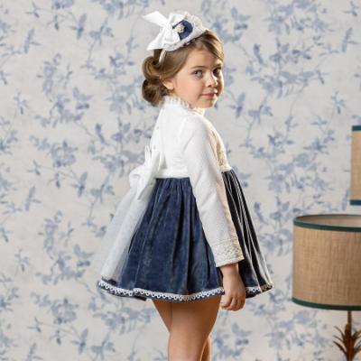 Picture of Abuela Tata Girls Velvet Dress - Ivory Navy Blue