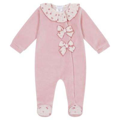 Picture of Deolinda Baby Girls Lisboa Velour Front Opening Babygrow With Bows - Dark Pink 