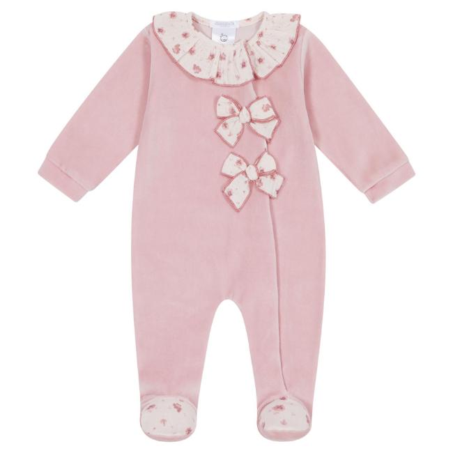 Picture of Deolinda Baby Girls Lisboa Velour Front Opening Babygrow With Bows - Dark Pink 