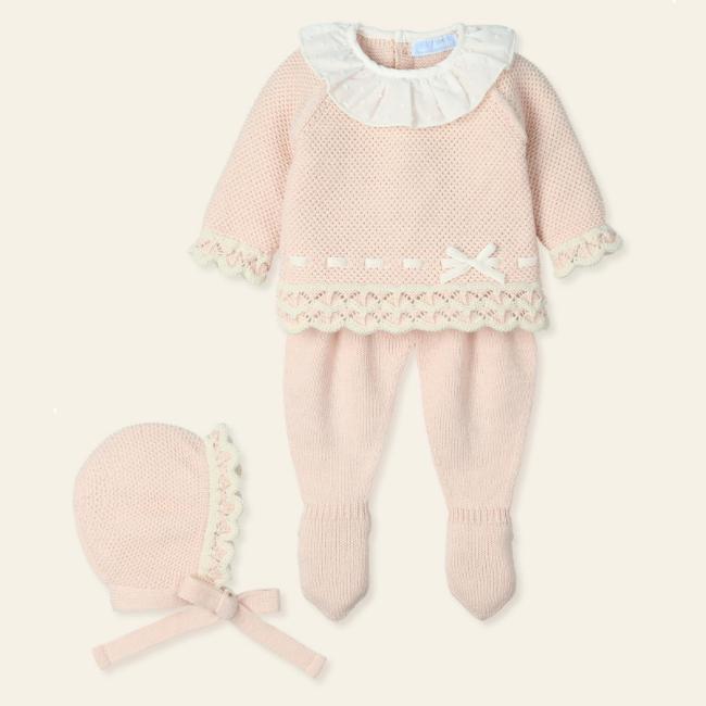 Picture of Mac Ilusion Baby Cobijar Collection Knitted Sweater Leggings Bonnet Set X 3 - Nude Pink