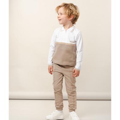 Picture of Caramelo Kids Boys Pique Zip Neck Long Sleeve Polo Set Set - White Beige